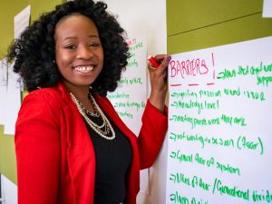 A person standing at the wall with a handwritten poster, holding a pen and smiling.
