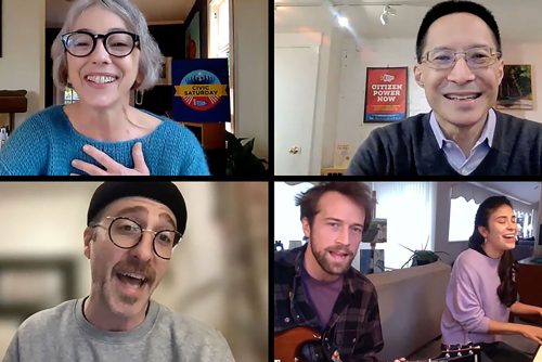 A screenshot of 5 people on zoom signing toghther.