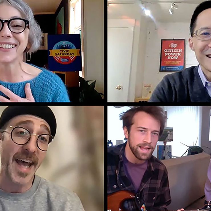 A screenshot of 5 people on zoom signing toghther.