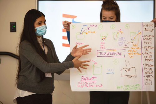 A young person explaining they've written on a large piece of paper.