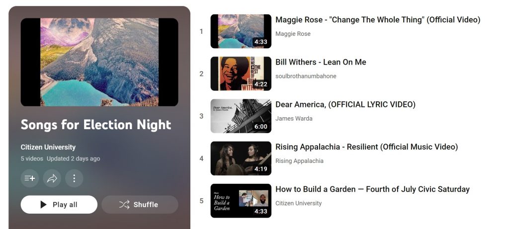 A screenshot of the playlist for election night.