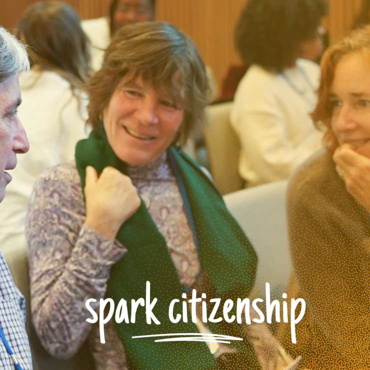 Three people chatting together with the text, spark citizenship.