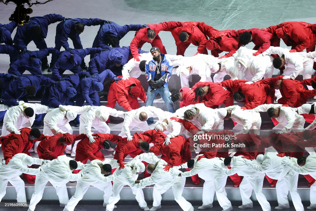 NEW ORLEANS, LOUISIANA - FEBRUARY 09: Kendrick Lamar performs onstage during Apple Music Super Bowl LIX Halftime Show at Caesars Superdome on February 09, 2025 in New Orleans, Louisiana. (Photo by Patrick Smith/Getty Images)