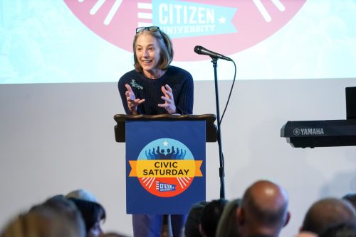 Jena Cane at the Civic Saturday podium
